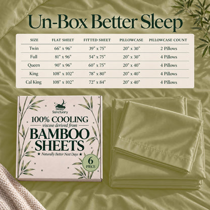 Bamboo sheet size chart for Twin through California King, above olive green folded sheets and a box marked 6 piece.