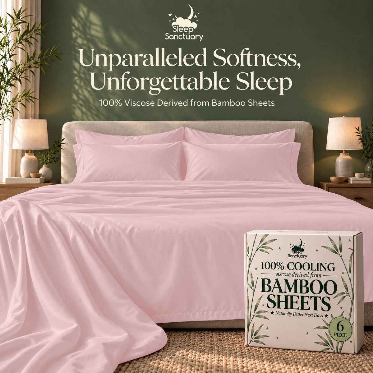 Pink sheets and matching pillows on a bed beside a sheet box, beneath the words "Unparalleled Softness, Unforgettable Sleep".