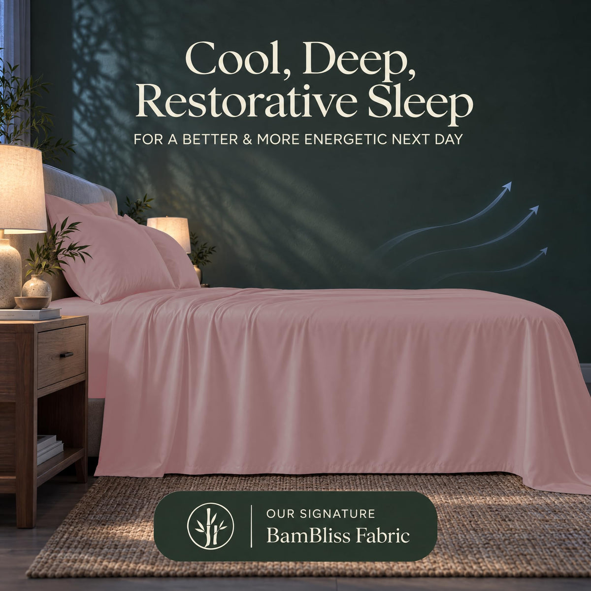 Pink bedding with blue airflow arrows and the heading "Cool, Deep, Restorative Sleep" in a BamBliss fabric graphic.