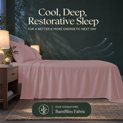 Pink bedding with blue airflow arrows and the heading "Cool, Deep, Restorative Sleep" in a BamBliss fabric graphic.