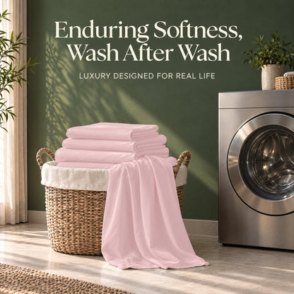 Folded pink sheets on a wicker basket beside a washing machine, with the words "Enduring Softness, Wash After Wash".