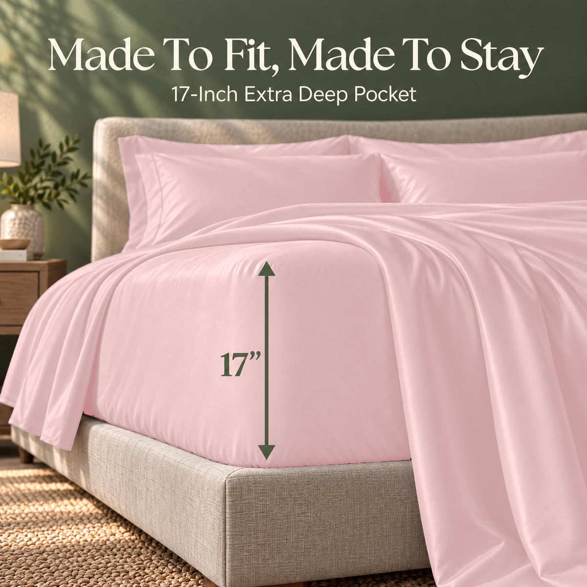Pink fitted sheet on a bed, with an arrow labeling the pocket depth as 17 inches.