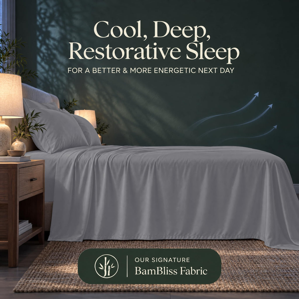 Silver gray bedding with blue airflow arrows and the heading "Cool, Deep, Restorative Sleep" in a BamBliss fabric graphic.