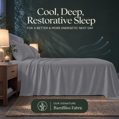 Silver gray bedding with blue airflow arrows and the heading "Cool, Deep, Restorative Sleep" in a BamBliss fabric graphic.
