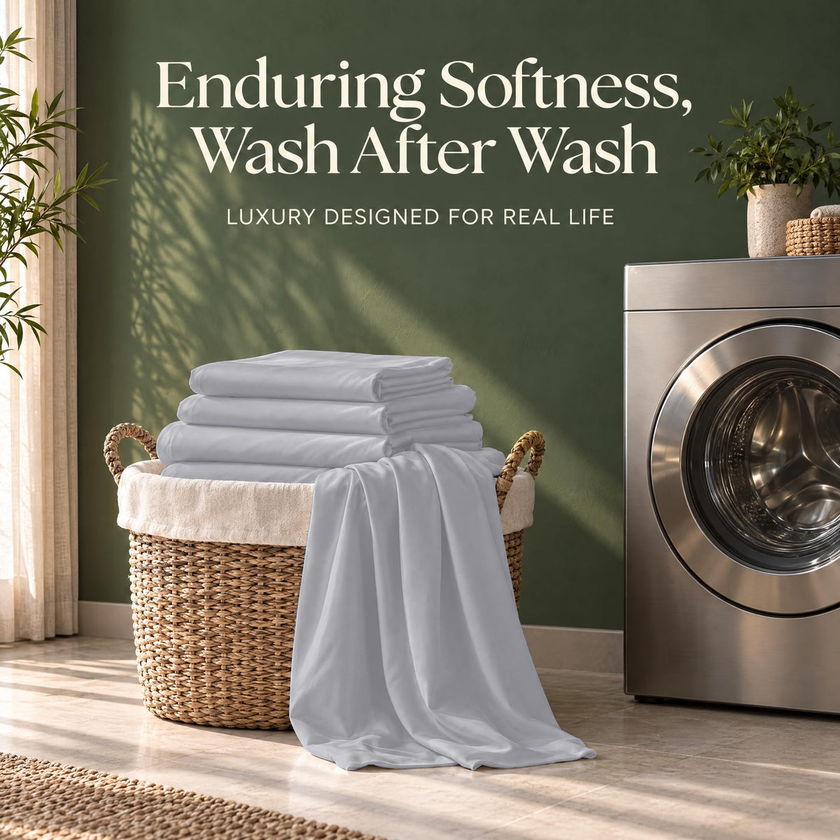 Folded silver gray sheets on a wicker basket beside a washing machine, with the words "Enduring Softness, Wash After Wash".