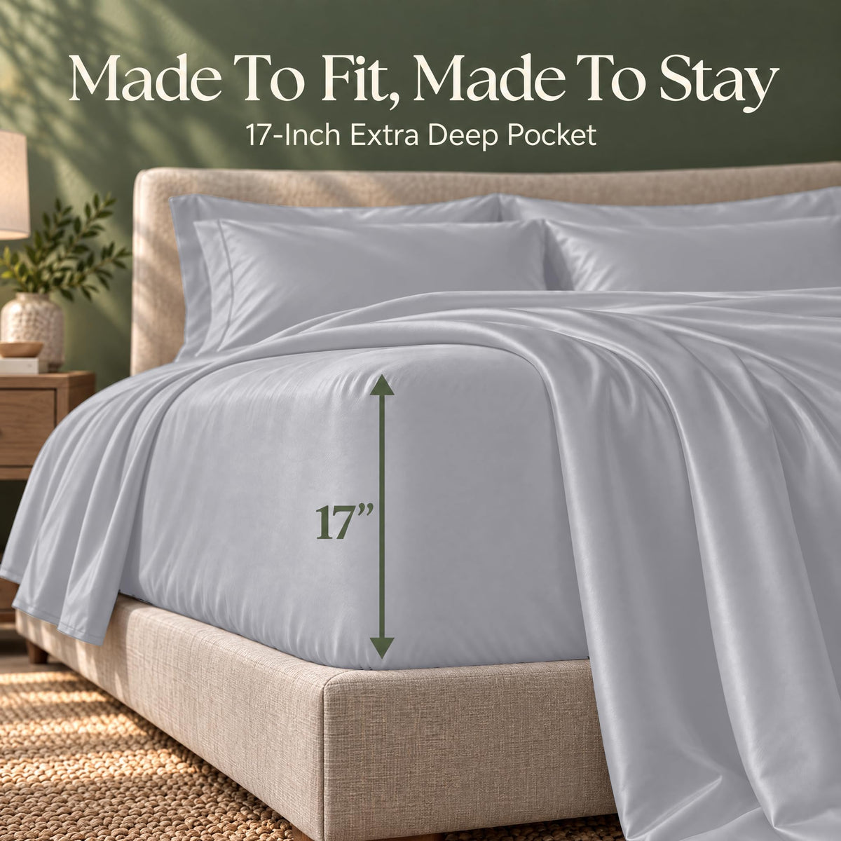 Silver gray fitted sheet on a bed, with an arrow labeling the pocket depth as 17 inches.