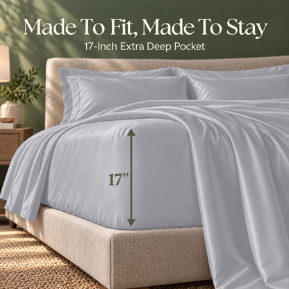 Silver gray fitted sheet on a bed, with an arrow labeling the pocket depth as 17 inches.