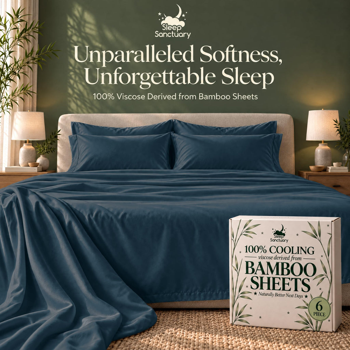 Dark teal sheets and matching pillows on a bed beside a sheet box, beneath the words "Unparalleled Softness, Unforgettable Sleep".
