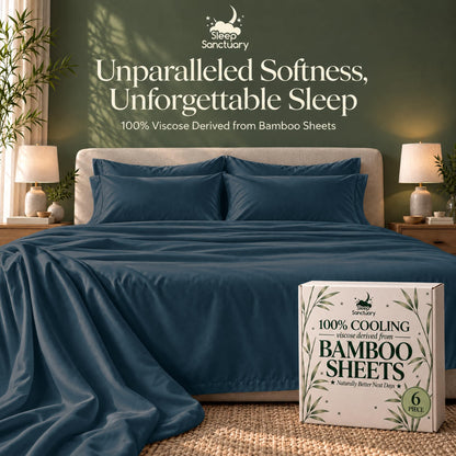 Dark teal sheets and matching pillows on a bed beside a sheet box, beneath the words "Unparalleled Softness, Unforgettable Sleep".