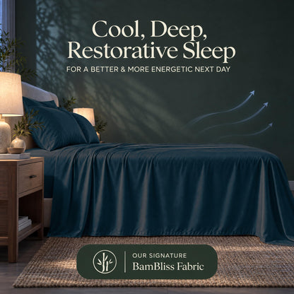 Dark teal bedding with blue airflow arrows and the heading "Cool, Deep, Restorative Sleep" in a BamBliss fabric graphic.