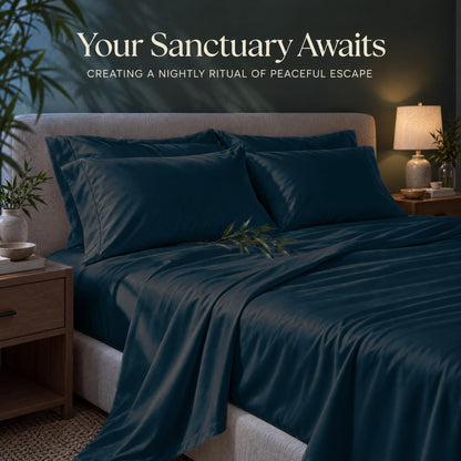 Dark teal sheets and matching pillows on a bed beside a lamp, beneath the heading "Your Sanctuary Awaits".