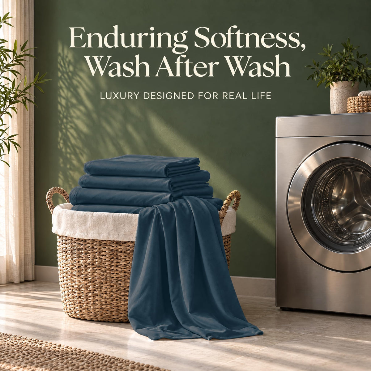 Folded dark teal sheets on a wicker basket beside a washing machine, with the words "Enduring Softness, Wash After Wash".