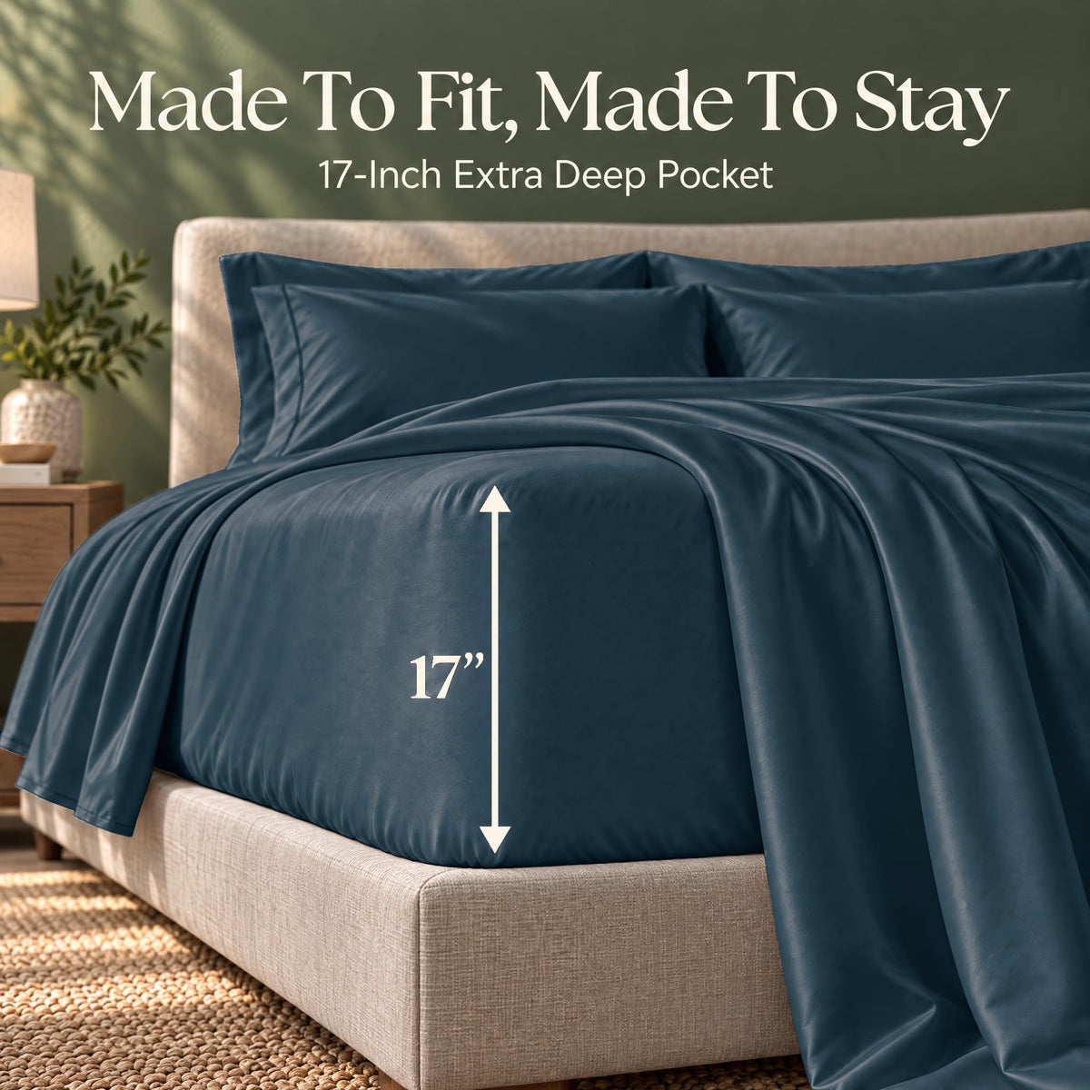 Dark teal fitted sheet on a bed, with an arrow labeling the pocket depth as 17 inches.