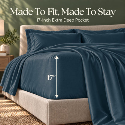 Dark teal fitted sheet on a bed, with an arrow labeling the pocket depth as 17 inches.