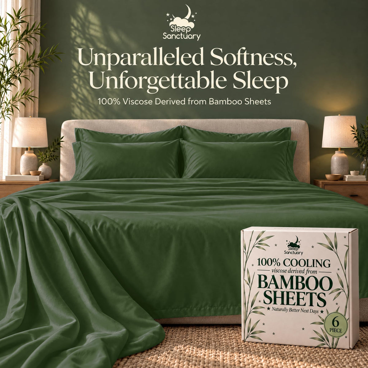 Forest green sheets and matching pillows on a bed beside a sheet box, beneath the words "Unparalleled Softness, Unforgettable Sleep".