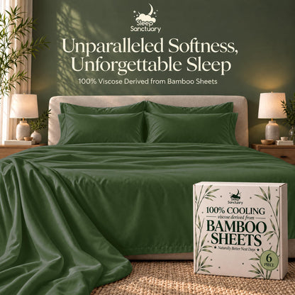 Forest green sheets and matching pillows on a bed beside a sheet box, beneath the words "Unparalleled Softness, Unforgettable Sleep".
