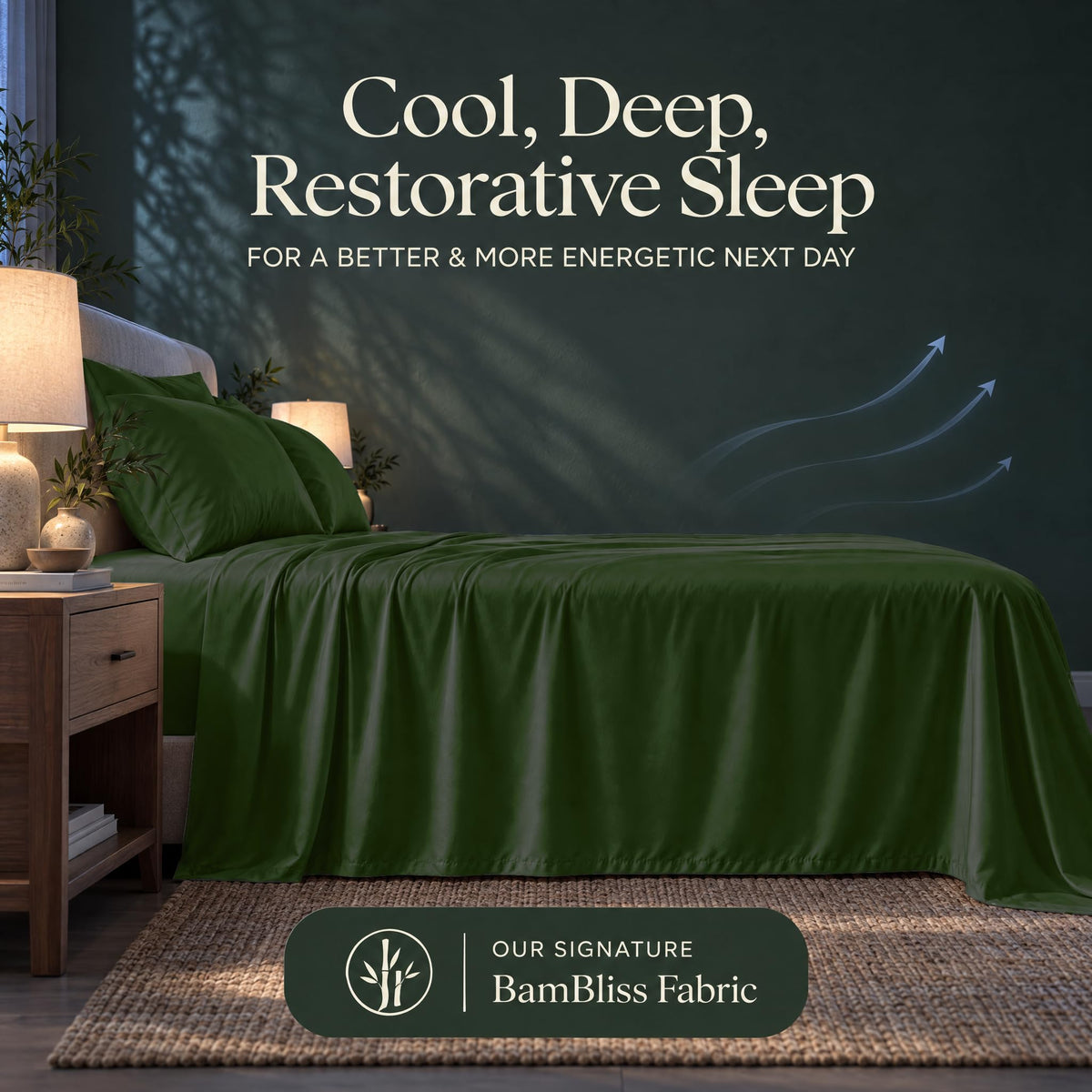 Forest green bedding with blue airflow arrows and the heading "Cool, Deep, Restorative Sleep" in a BamBliss fabric graphic.