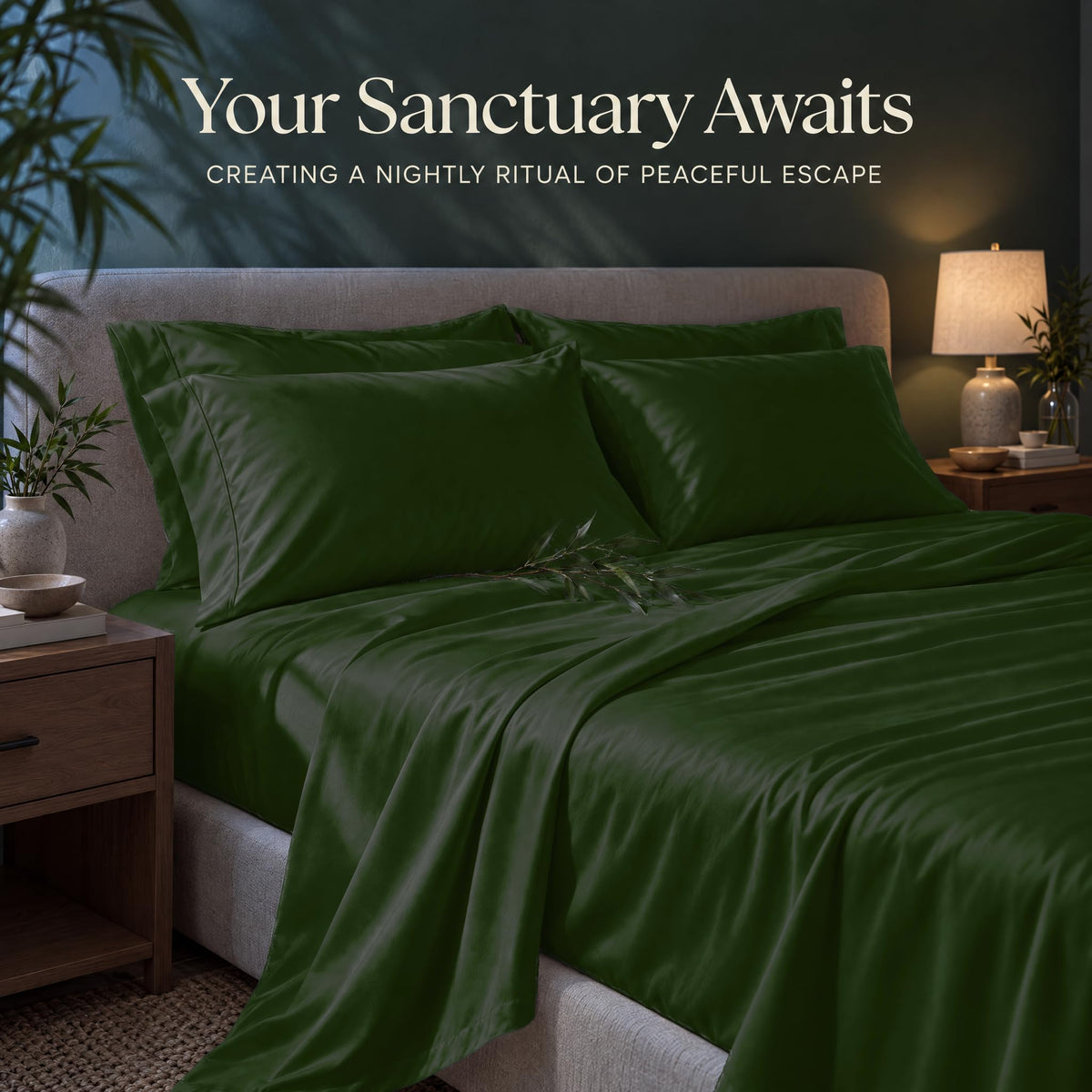 Forest green sheets and matching pillows on a bed beside a lamp, beneath the heading "Your Sanctuary Awaits".