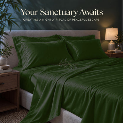 Forest green sheets and matching pillows on a bed beside a lamp, beneath the heading "Your Sanctuary Awaits".
