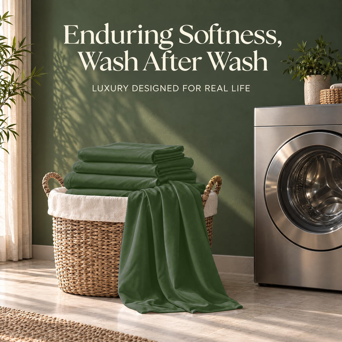 Folded forest green sheets on a wicker basket beside a washing machine, with the words "Enduring Softness, Wash After Wash".
