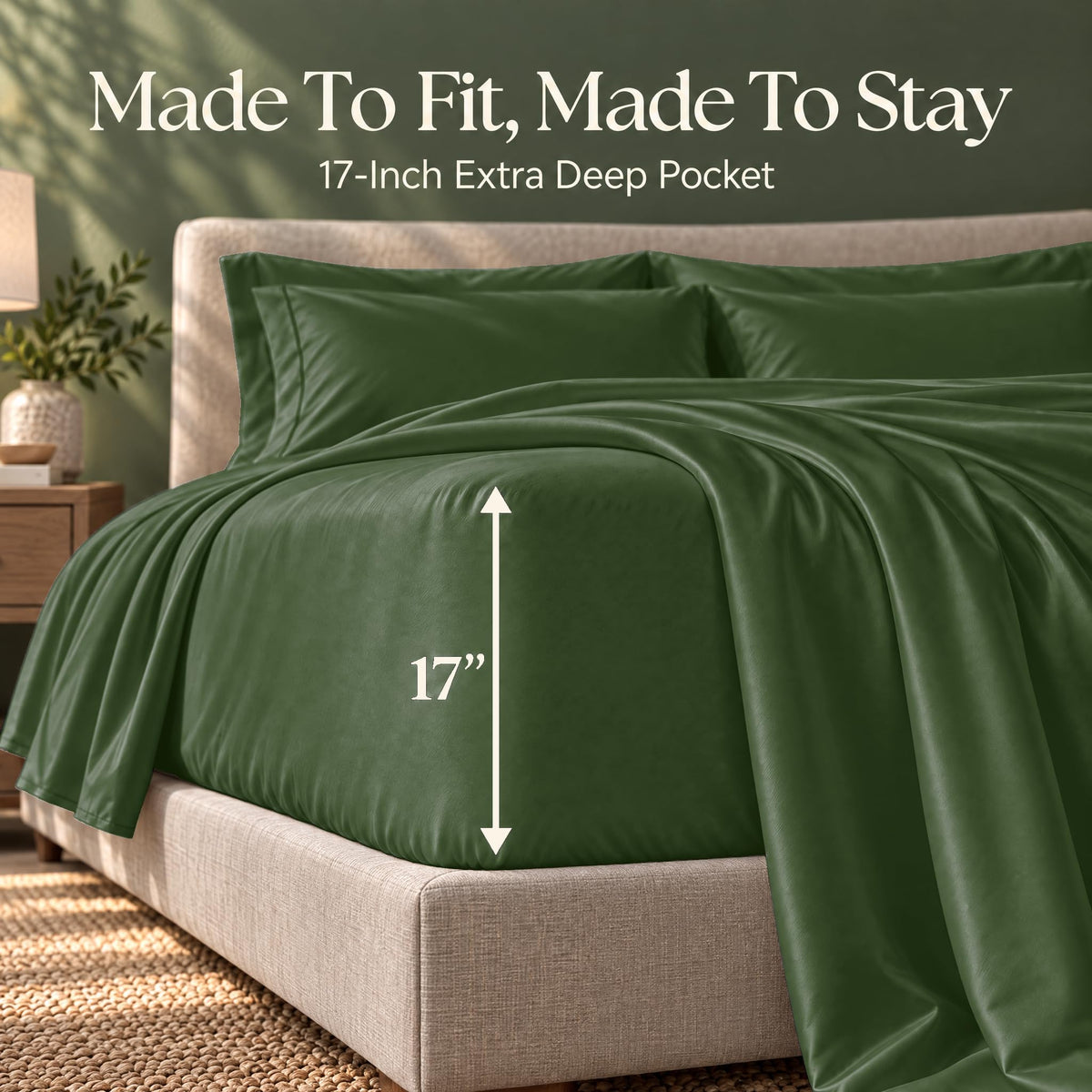 Forest green fitted sheet on a bed, with an arrow labeling the pocket depth as 17 inches.