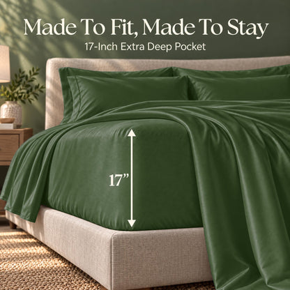 Forest green fitted sheet on a bed, with an arrow labeling the pocket depth as 17 inches.