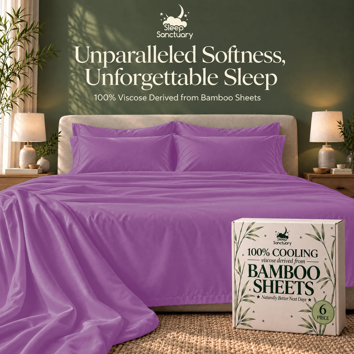 Purple sheets and matching pillows on a bed beside a sheet box, beneath the words "Unparalleled Softness, Unforgettable Sleep".