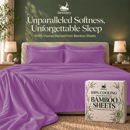 Purple sheets and matching pillows on a bed beside a sheet box, beneath the words "Unparalleled Softness, Unforgettable Sleep".