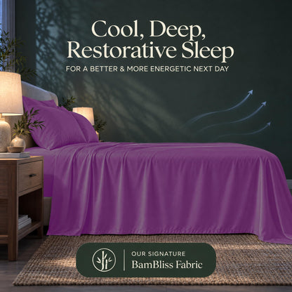 Purple bedding with blue airflow arrows and the heading "Cool, Deep, Restorative Sleep" in a BamBliss fabric graphic.
