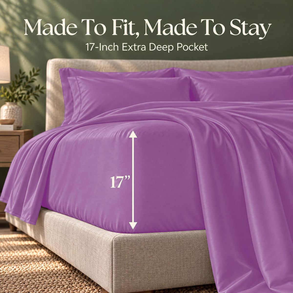 Purple fitted sheet on a bed, with an arrow labeling the pocket depth as 17 inches.