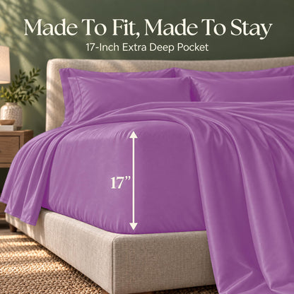 Purple fitted sheet on a bed, with an arrow labeling the pocket depth as 17 inches.