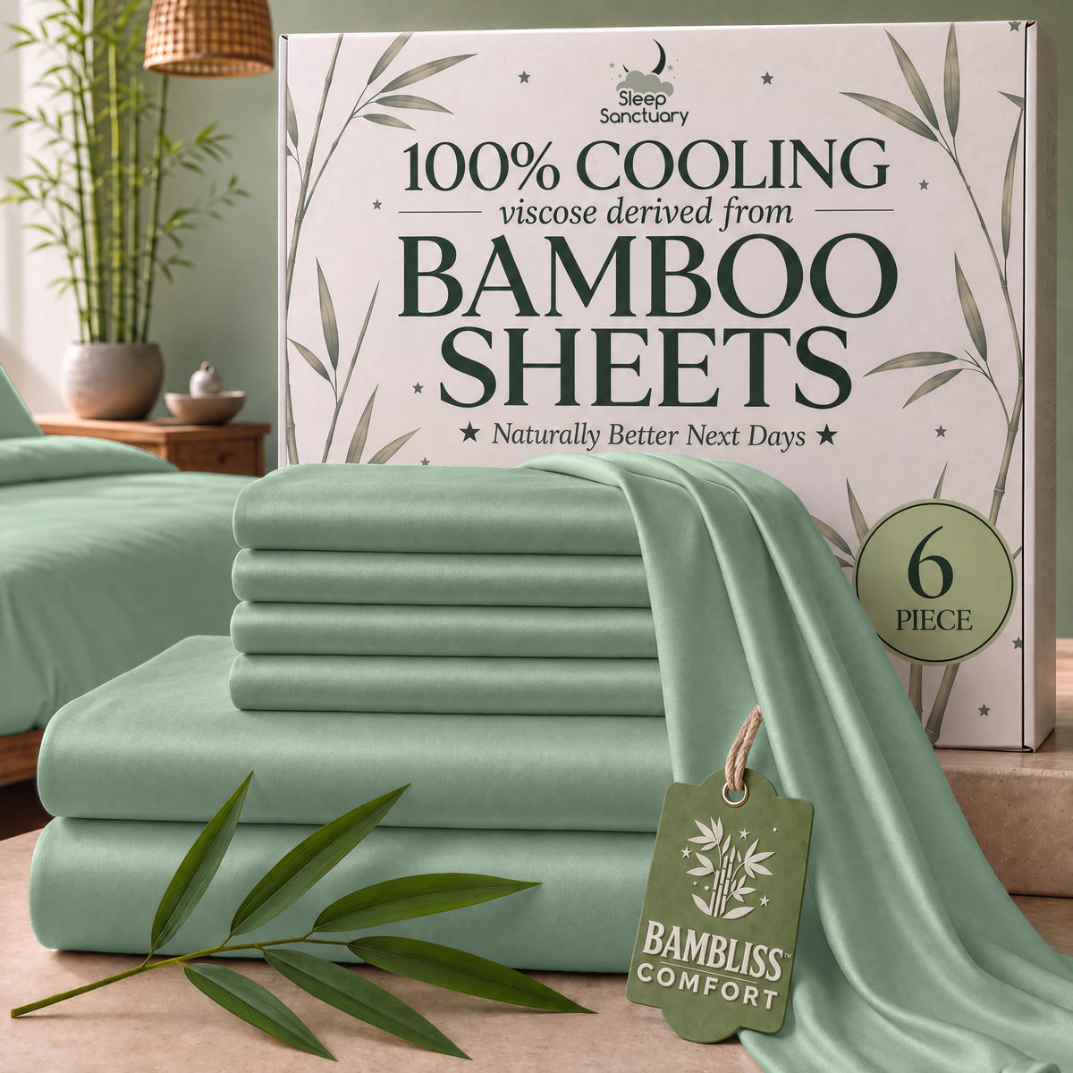 Folded sage green sheets beside bamboo leaves and a Sleep Sanctuary bamboo sheet box marked 6 piece.