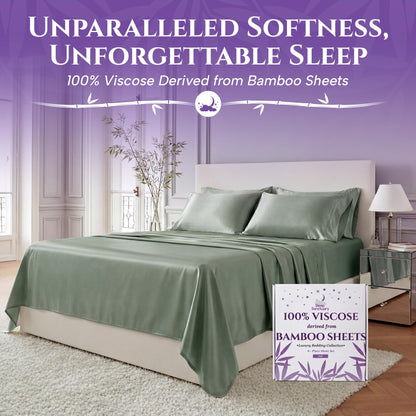 Sage green sheets and matching pillows on a bed beside a sheet box, beneath the words "Unparalleled Softness, Unforgettable Sleep".