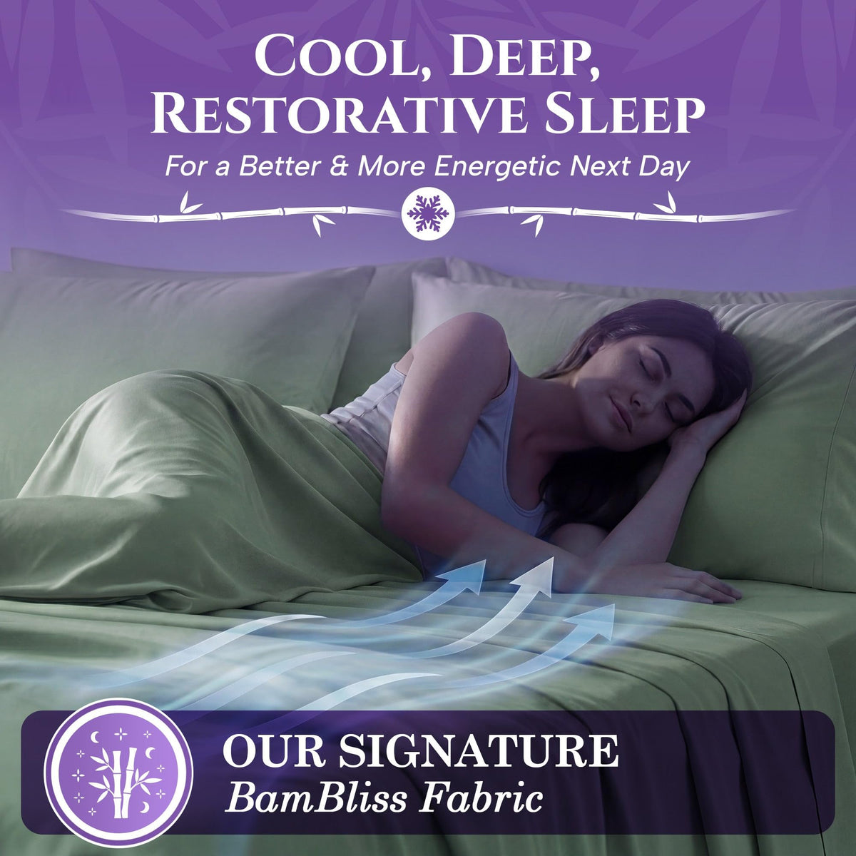 Person sleeping on their side under sage green sheets, with airflow arrows and the heading "Cool, Deep, Restorative Sleep".