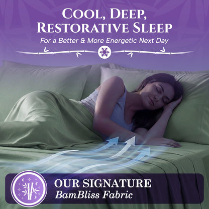 Person sleeping on their side under sage green sheets, with airflow arrows and the heading "Cool, Deep, Restorative Sleep".