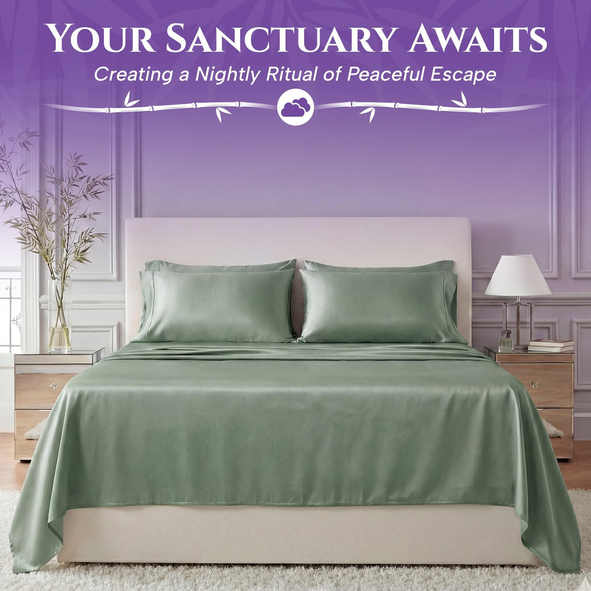 Sage green sheets and matching pillows on a bed beside a lamp, beneath the heading "Your Sanctuary Awaits".