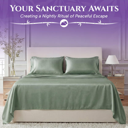 Sage green sheets and matching pillows on a bed beside a lamp, beneath the heading "Your Sanctuary Awaits".