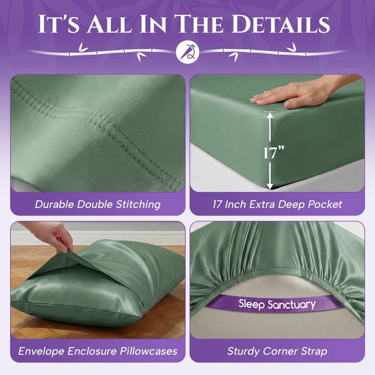 Sage green sheet detail graphic showing double stitching, a 17-inch fitted pocket, an envelope pillowcase and an elastic corner strap.