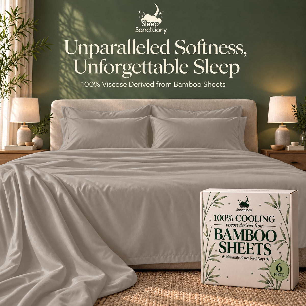 Taupe sheets and matching pillows on a bed beside a sheet box, beneath the words "Unparalleled Softness, Unforgettable Sleep".