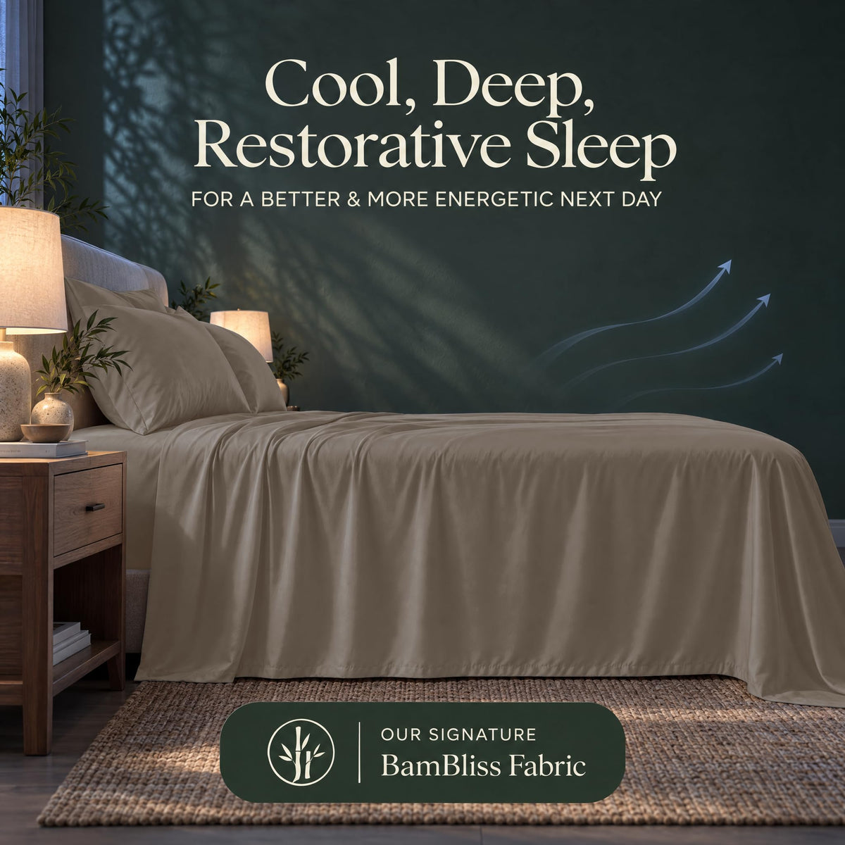 Taupe bedding with blue airflow arrows and the heading "Cool, Deep, Restorative Sleep" in a BamBliss fabric graphic.