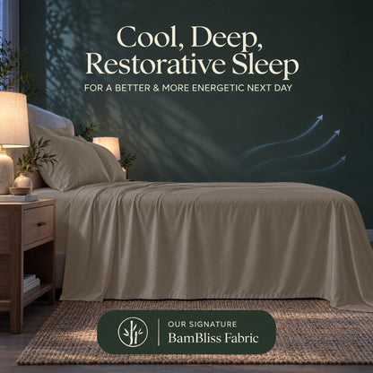 Taupe bedding with blue airflow arrows and the heading "Cool, Deep, Restorative Sleep" in a BamBliss fabric graphic.