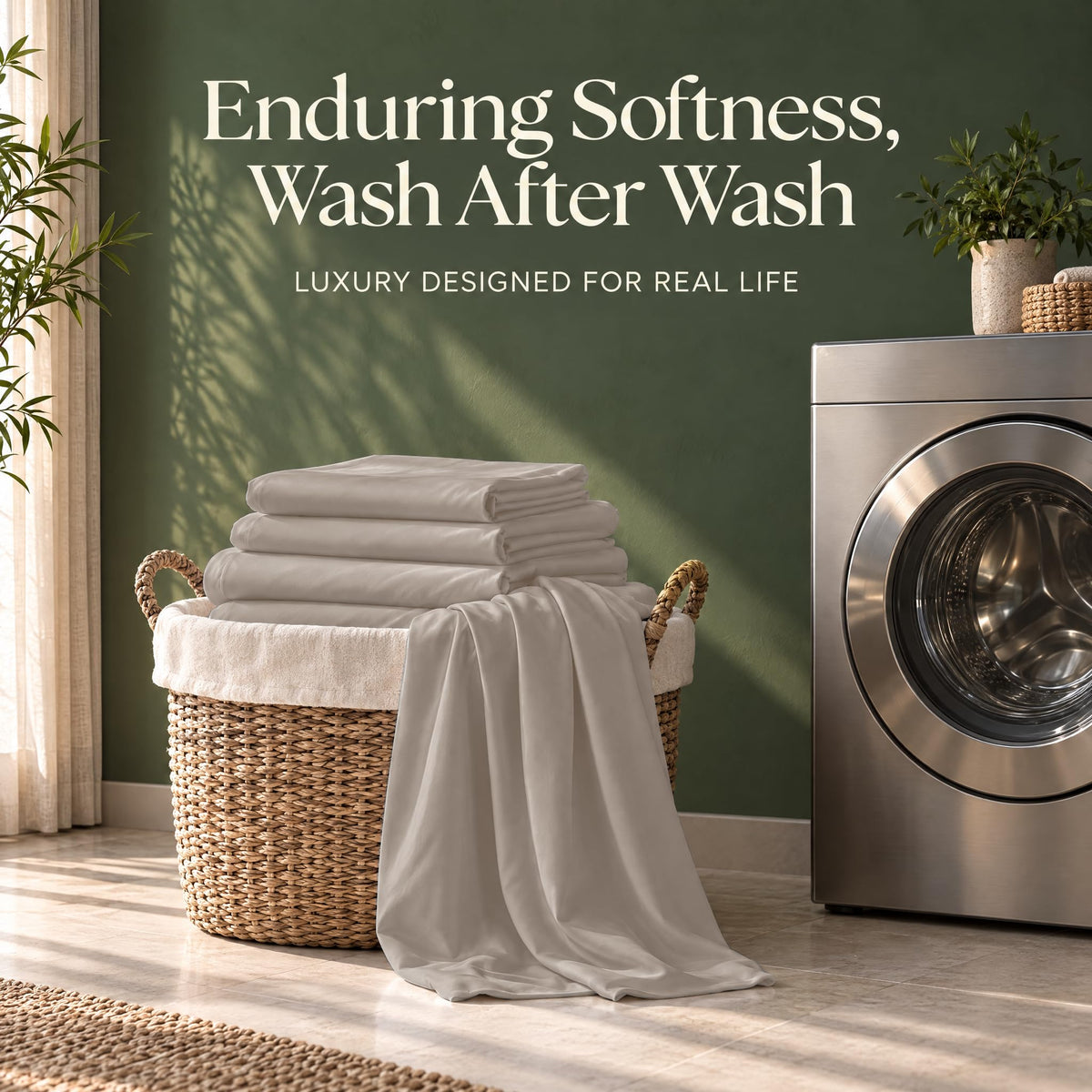 Folded taupe sheets on a wicker basket beside a washing machine, with the words "Enduring Softness, Wash After Wash".