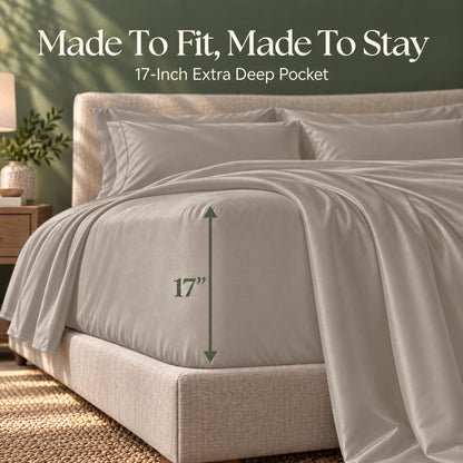 Taupe fitted sheet on a bed, with an arrow labeling the pocket depth as 17 inches.