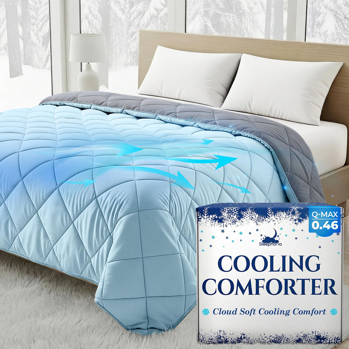 Light blue quilted comforter on a bed with white pillows, blue airflow arrows and Sleephoria Cooling Comforter packaging.