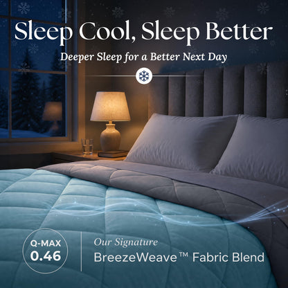 Light blue comforter on a bed at night with a gray folded edge. Graphic labels: BreezeWeave fabric blend and Q-MAX 0.46.