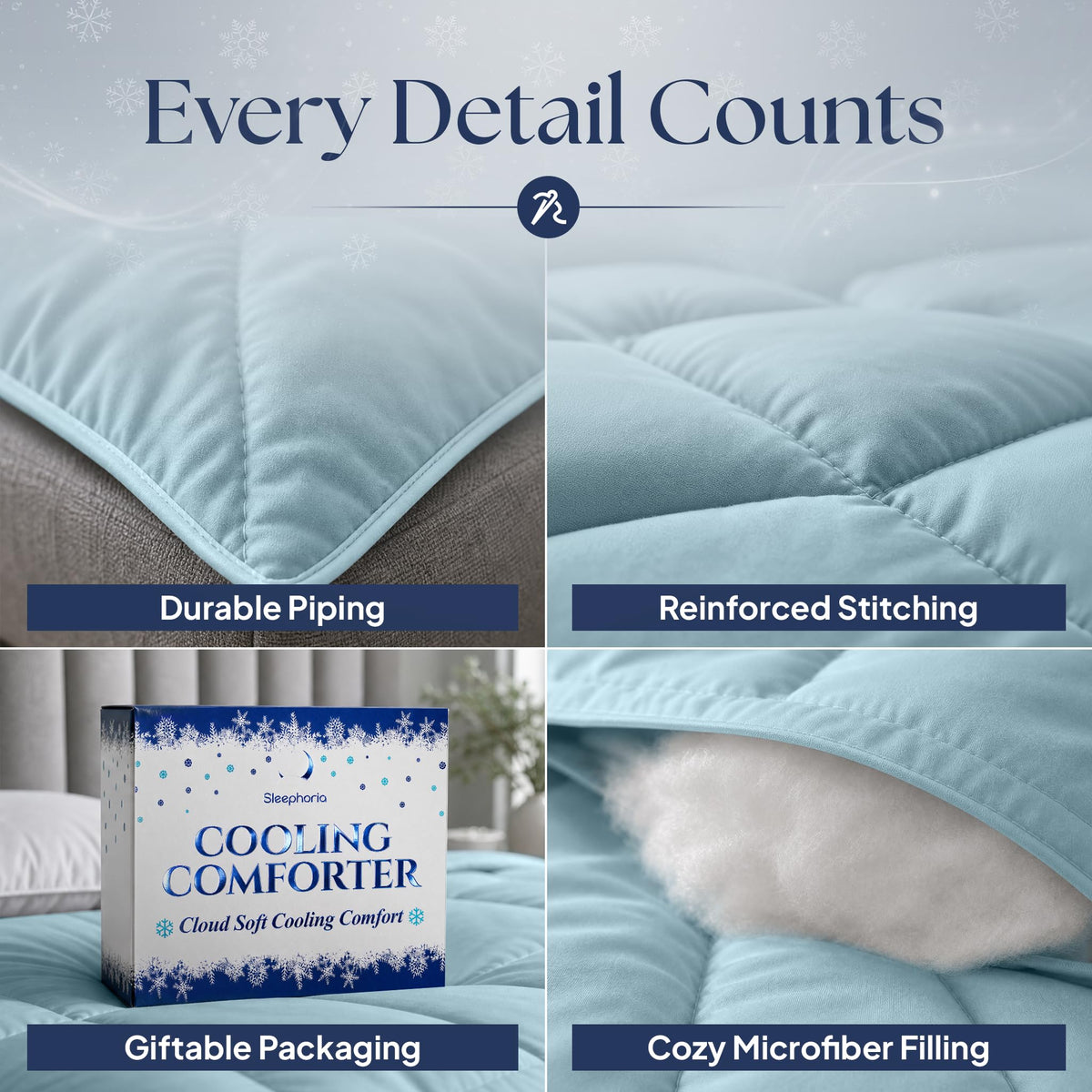 Light blue comforter detail collage: edge piping, reinforced stitching, Cooling Comforter packaging and exposed white filling.