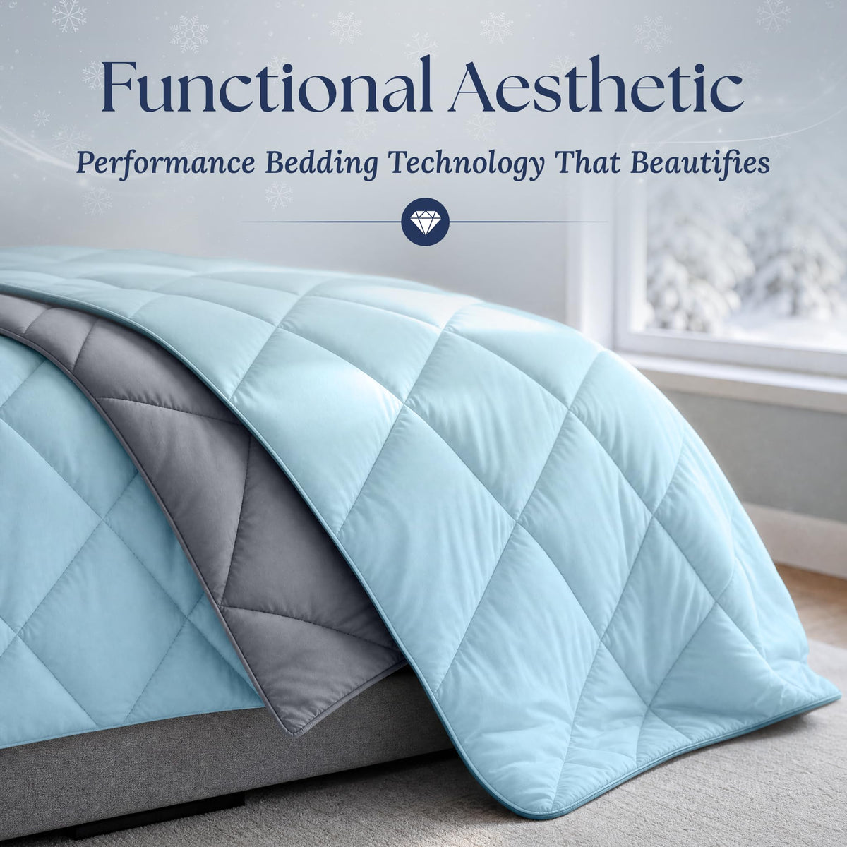 Close view of a light blue diamond quilted comforter draped over a bed, showing its gray reverse and piped edge.