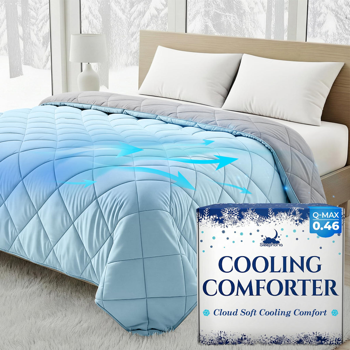 Light blue quilted comforter on a bed with white pillows, blue airflow arrows and Sleephoria Cooling Comforter packaging.