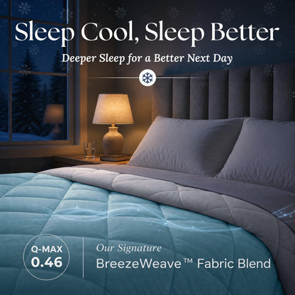 Light blue comforter on a bed at night with a light gray folded edge. Graphic labels: BreezeWeave fabric blend and Q-MAX 0.46.