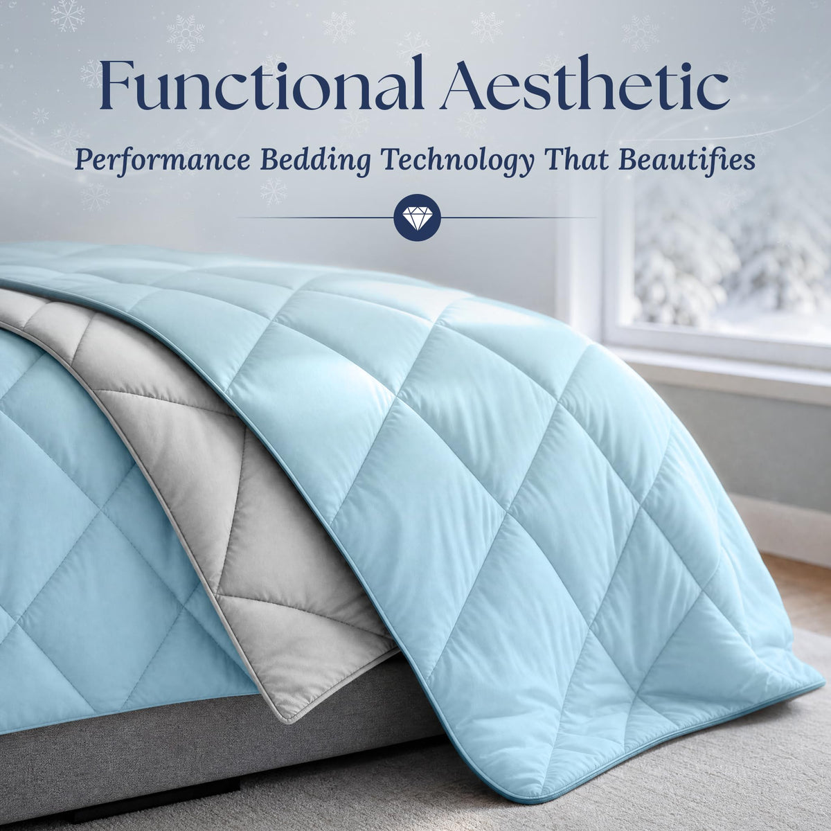 Close view of a light blue diamond quilted comforter draped over a bed, showing its light gray reverse and piped edge.